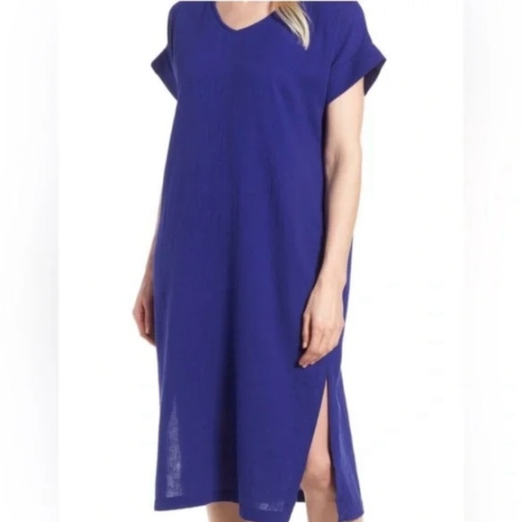 Eileen Fisher Dresses & Skirts - Eileen Fisher Blue Midi Dress with Slit and Dolman Sleeves Size: Small